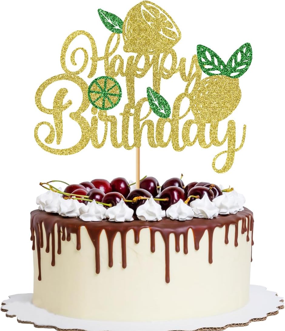 1 PCS Lemon Happy Birthday Cake Topper，Fruit Theme Baby Shower Kids Boys Girls Birthday Party Decorations，Glitter Fruit Theme Lemonade Party Cake Pick Decorations