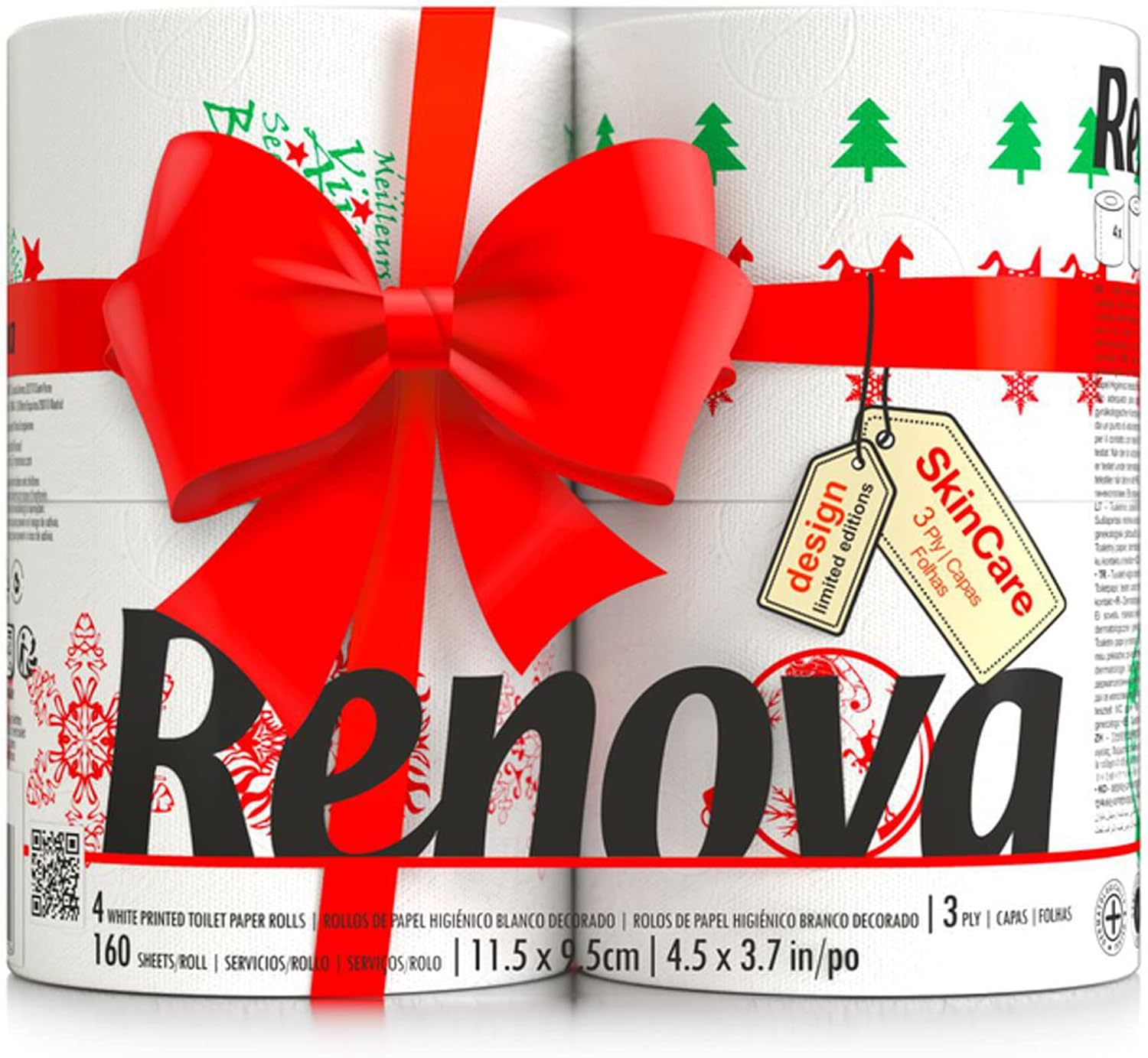 Renova Christmas Toilet Paper 4 Rolls Pack - 3 Ply -160 Sheets per Roll - Festive and Fun Bathroom Essential for the Holidays