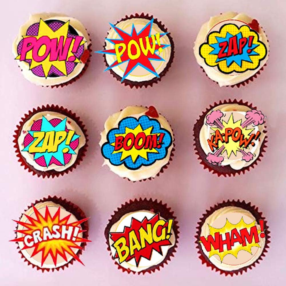 Precut Edible Wafer Paper SUPER HERO WORDS Action 48X CHOCKACAKE Avengers Marvel Cake Cupcake Wedding Superhero Topper Decoration Party Wedding Birthday Engagement