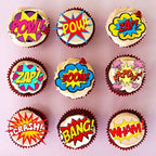 Precut Edible Wafer Paper SUPER HERO WORDS Action 48X CHOCKACAKE Avengers Marvel Cake Cupcake Wedding Superhero Topper Decoration Party Wedding Birthday Engagement