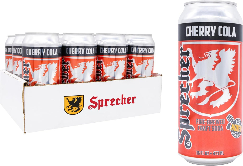 Sprecher Cherry Cola in 16 fl oz Cans (12 Pack), Fire-Brewed Craft Soda with Real Honey & Door County Cherry Juice, Handcrafted Premium Cherry Soda, Caffeine-Free, Gourmet Beverage