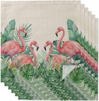 Tropical Monstera Flamingo on Linen Cloth Napkins Set of 6, Washable Napkins Cloth, Watercolor Leaves Animal Table Dinner Napkins for Kitchen Wedding Parties