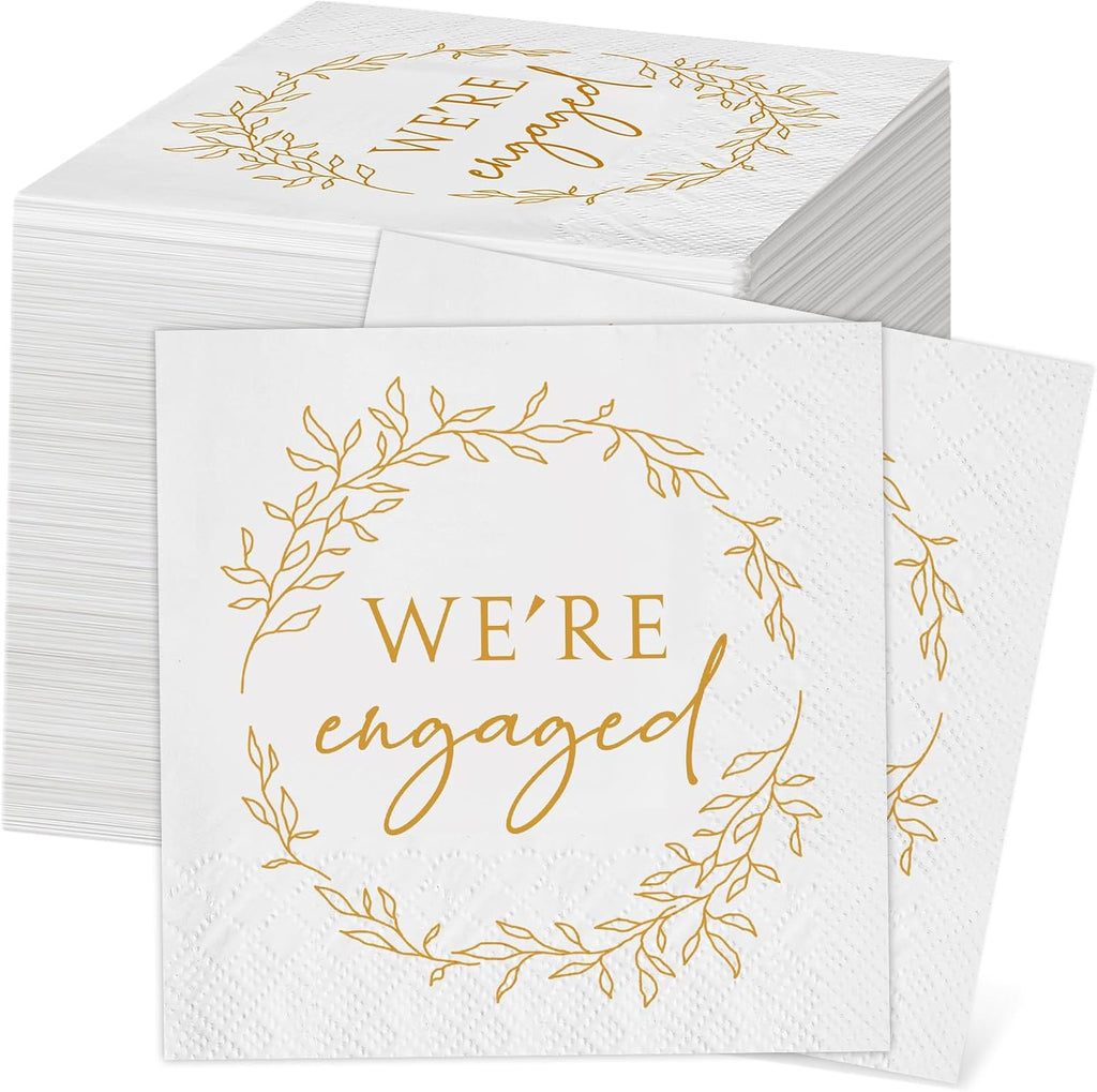 Kosiz 200 Pack We're Engaged Napkins Gift 3 Ply Disposable Paper Engagement Cocktail Napkins for Wedding Party Beverage Dinners Cake Tableware Decorations, 4.5 x 4.5 Inch