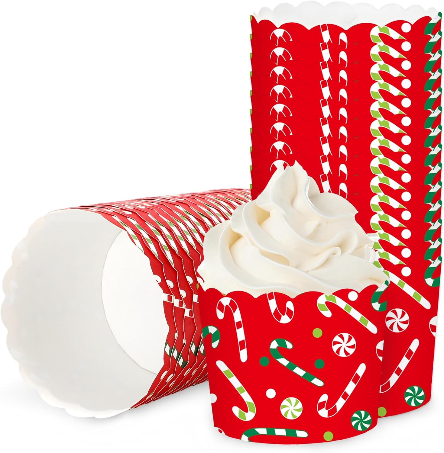 Whaline 100Pcs Christmas Paper Baking Cups Red Green Candy Cane Cupcake Wrappers Scalloped Edge Cupcake Muffin Cases for Xmas Winter Holiday Party Dessert Decoration