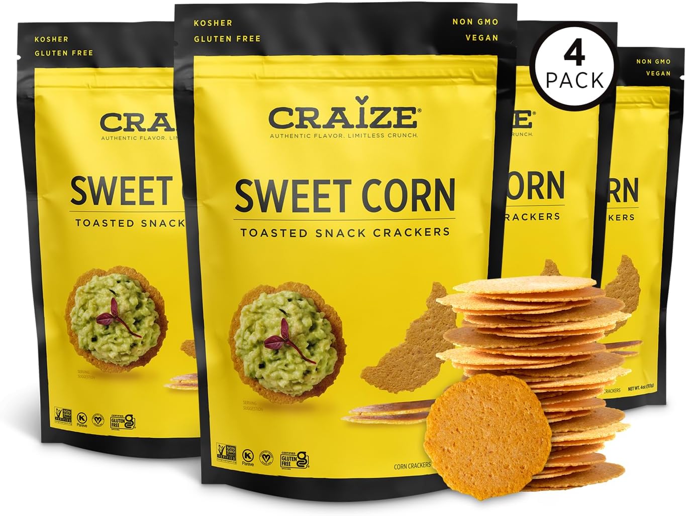 Craize Sweet Corn Crisps | Gluten Free, Vegan, Kosher, Toasted Corn Crackers | 4 pack, 4 oz each