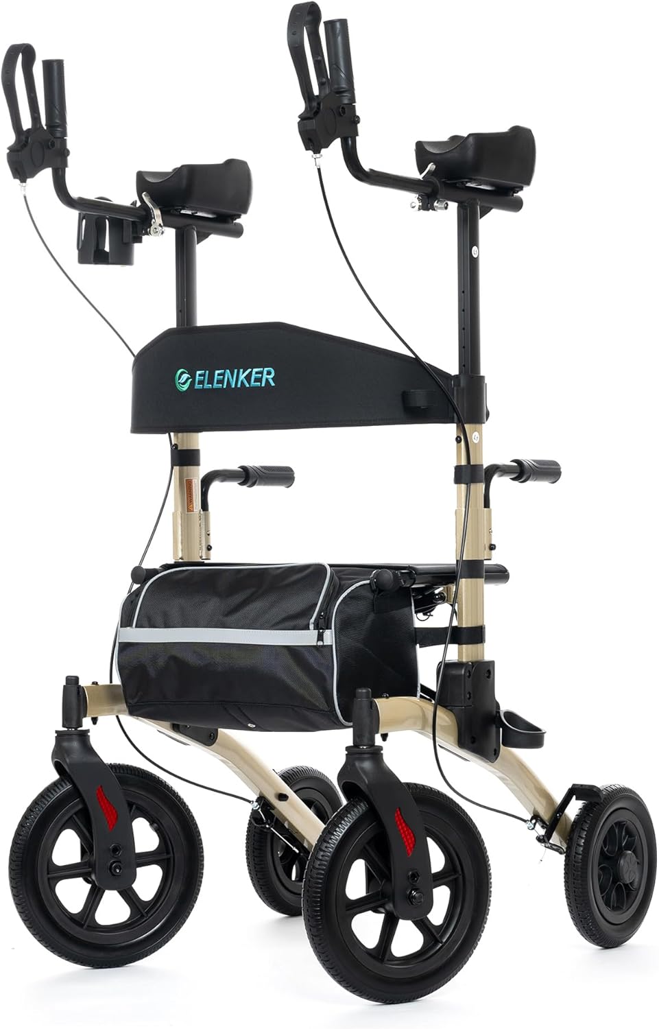 ELENKER All-Terrain Upright Rollator Walker, Stand up Rolling Walker with Seat, 12” Non-Pneumatic Tire Wheels, Compact Folding Design for Seniors, Champagne