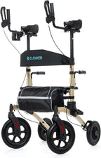 ELENKER All-Terrain Upright Rollator Walker, Stand up Rolling Walker with Seat, 12” Non-Pneumatic Tire Wheels, Compact Folding Design for Seniors, Champagne