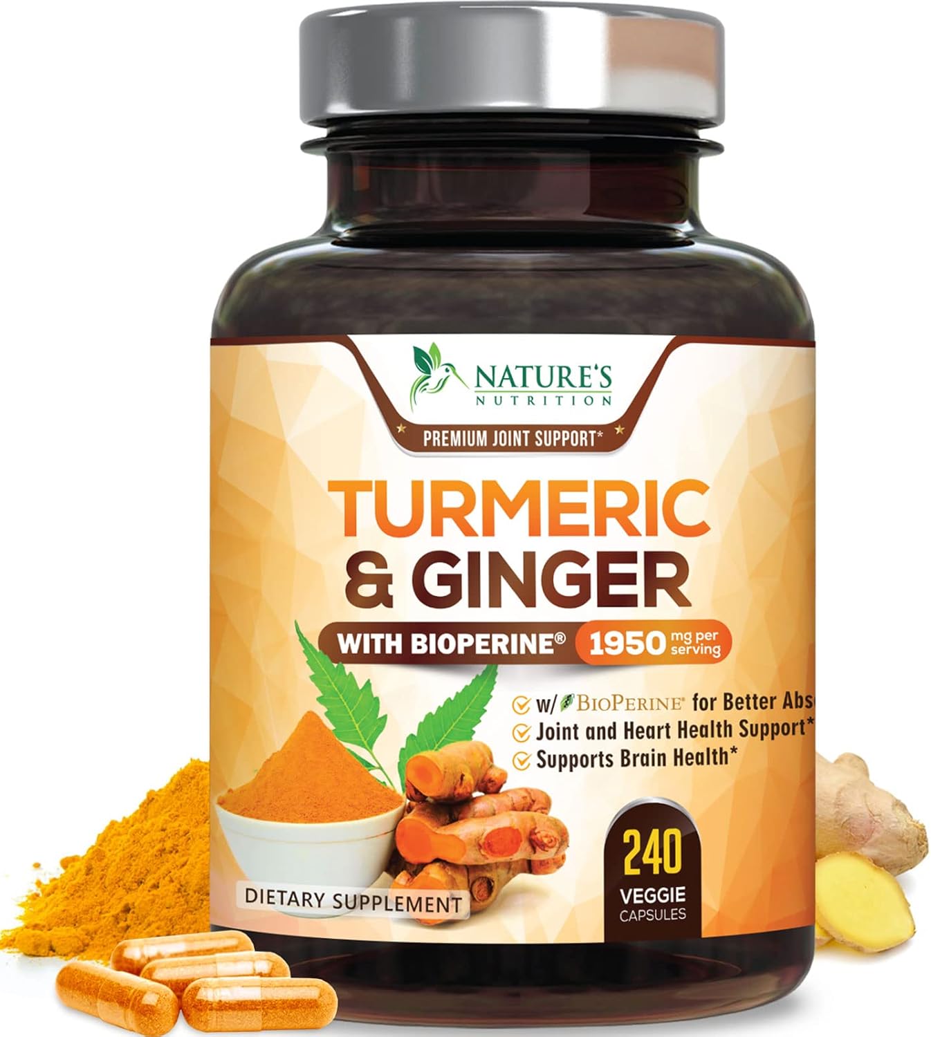 Turmeric Curcumin Supplement - 95% Curcuminoids with Organic Turmeric & Ginger, BioPerine Black Pepper Extract for Best Absorption, Natural Vegan Joint Support, Non-GMO, Bottled in USA - 240 Capsules