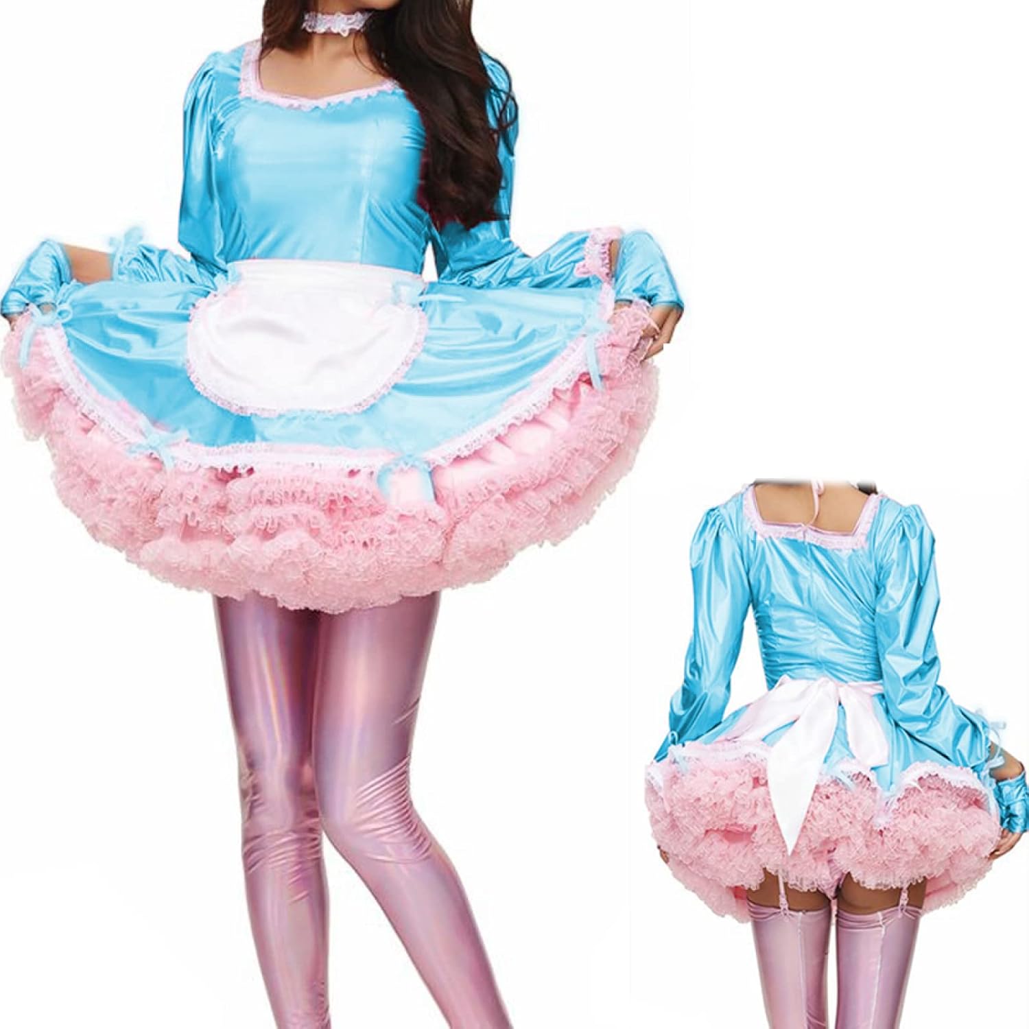Dress Fancy Apron Maid Dress Laser Long Sleeve Shiny Costume Gloves and Neckwear,Sky Blue,S