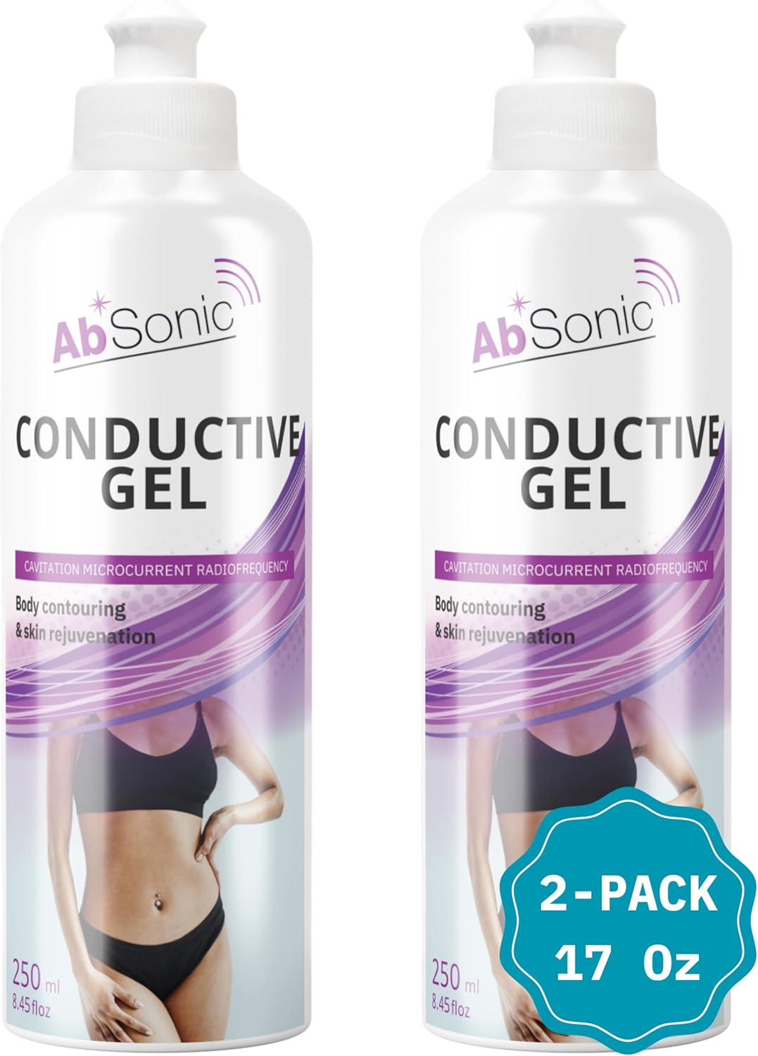 Absonic Conductive Gel for Ultrasound, Cavitation, Body Sculpting, RF, TENS & EMS Devices – 2-Pack (17 oz Total) – Water-Based, Paraben-Free – Designed in France
