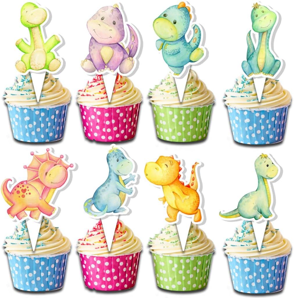 24 PCS Dinosaur Cupcake Toppers - Cute Dino Party Decorations for Kids Birthday and Baby Showers