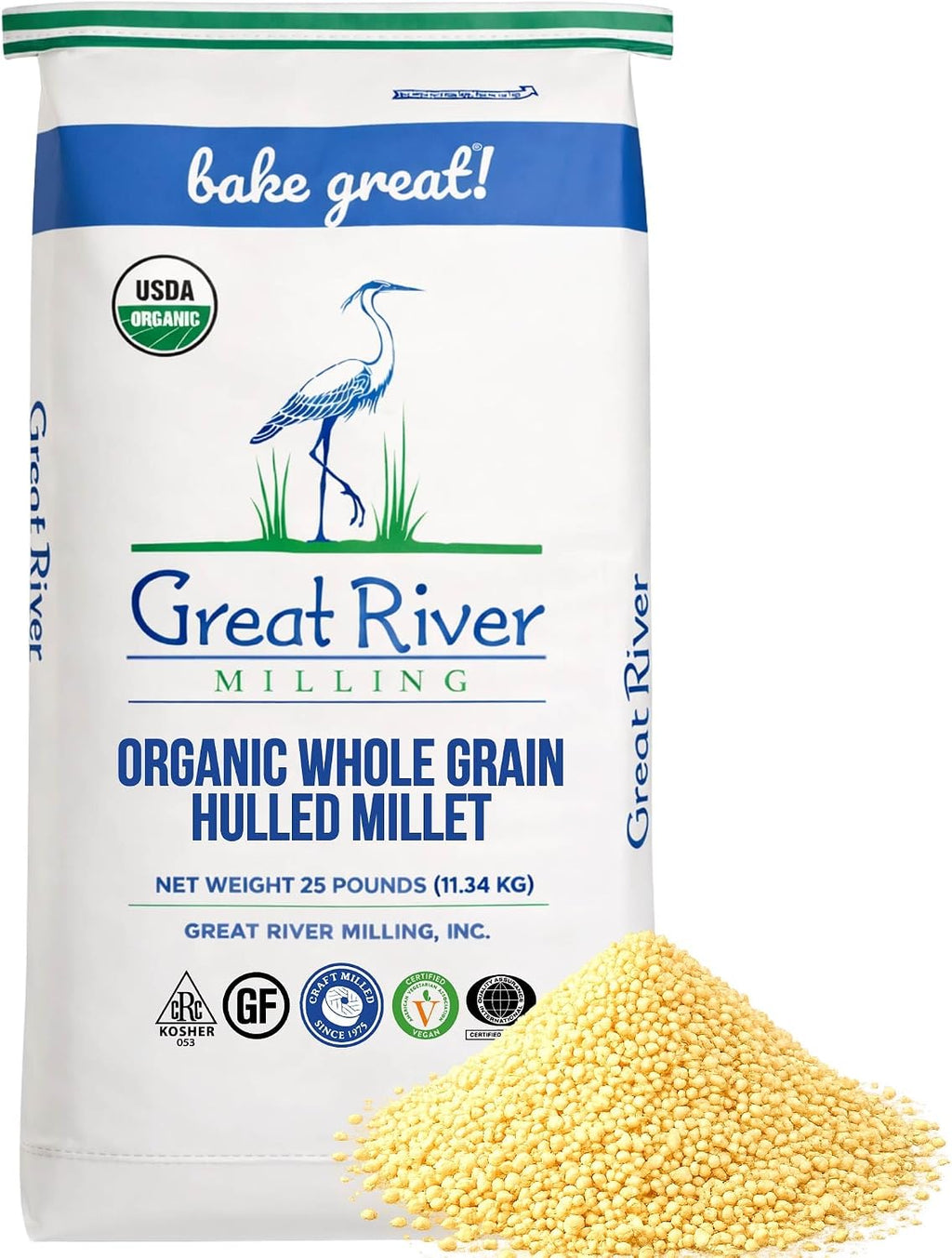 Great River Milling Organic Hulled Millet | Whole Grain Ancient Grain | Gluten-Free, High-Fiber Superfood | Non-GMO, Kosher Certified | Ideal for Salads, Porridge & Baking | 25 Lb (Pack of 1)