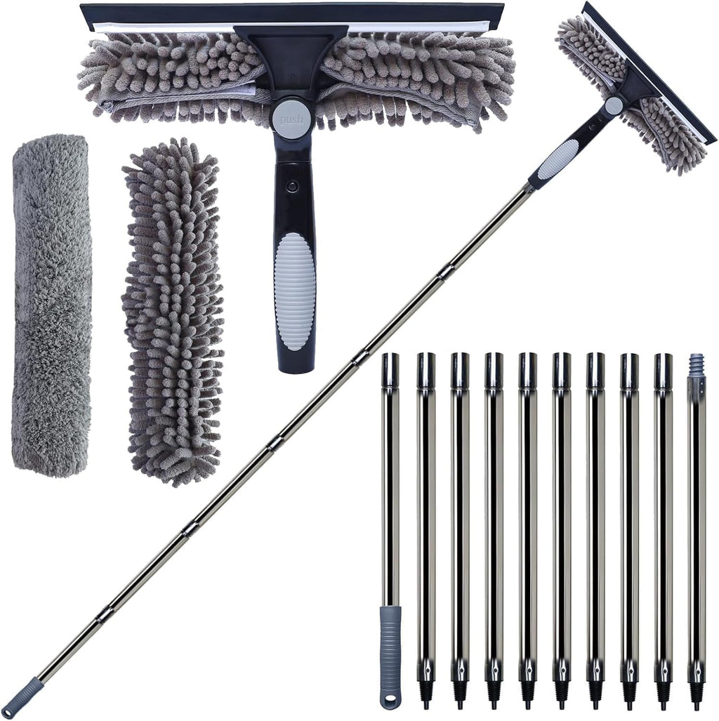 20+ Feet High Reach 2 in 1 Window Washing Squeegee & Duster with 3-14 ft Spliceable Extension Pole // Window Cleaning Kit with 3 Replace Pad for Home Indoor Outdoor Window Washing (Gray)