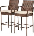 ECOTOUGE Patio Wicker Barstools Set of 2, Outdoor Rattan Bar Height Chairs with Armrest & Backrest, Soft Cushion, Footrests, All-Weather Furniture for Backyard, Pool, Garden, Deck, Brown