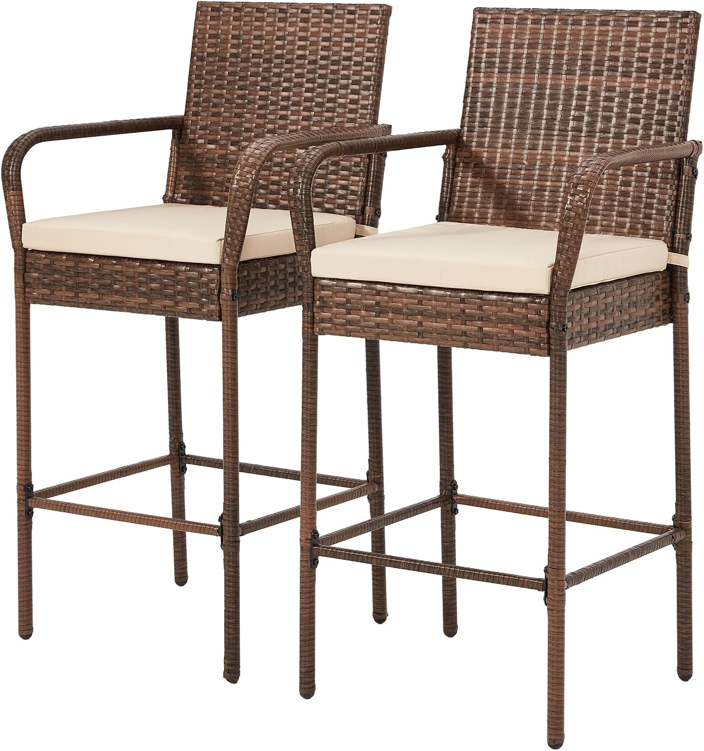 ECOTOUGE Patio Wicker Barstools Set of 2, Outdoor Rattan Bar Height Chairs with Armrest & Backrest, Soft Cushion, Footrests, All-Weather Furniture for Backyard, Pool, Garden, Deck, Brown