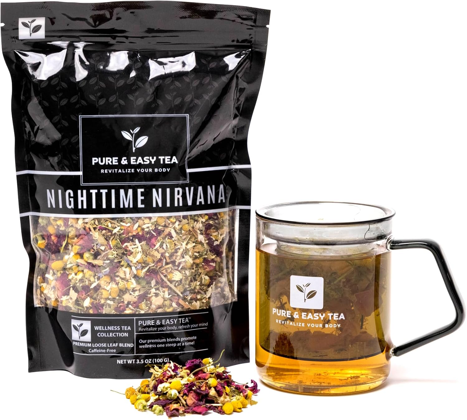 Pure And Easy Tea, Nighttime Nirvana, Caffeine-Free Herbal Sleep & Relaxation Tea, Loose Leaf Blend with Chamomile, Lavender & Lemon Balm, Premium Wellness Tea (100g)