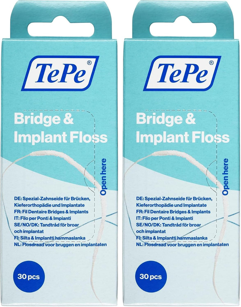 TePe Bridge and Implant Floss for Dental Implants, Bridges, and Braces, Dental Flossers, 30 Pieces (Pack of 2)