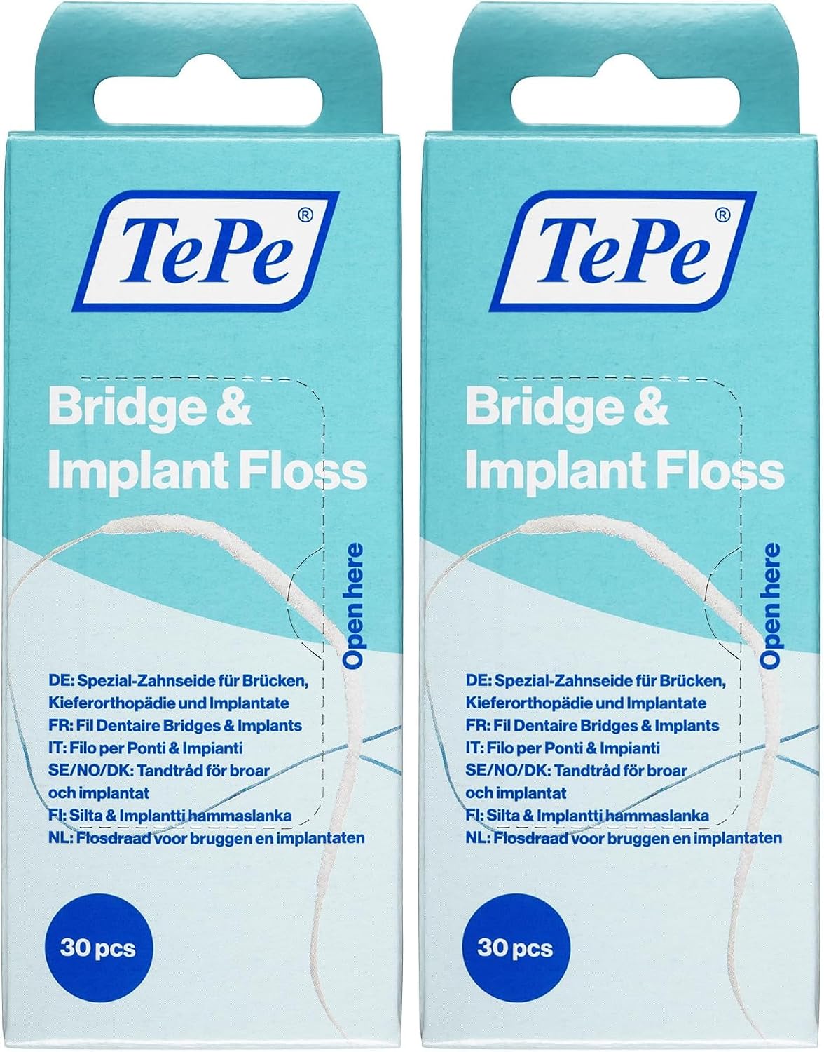 TePe Bridge and Implant Floss for Dental Implants, Bridges, and Braces, Dental Flossers, 30 Pieces (Pack of 2)