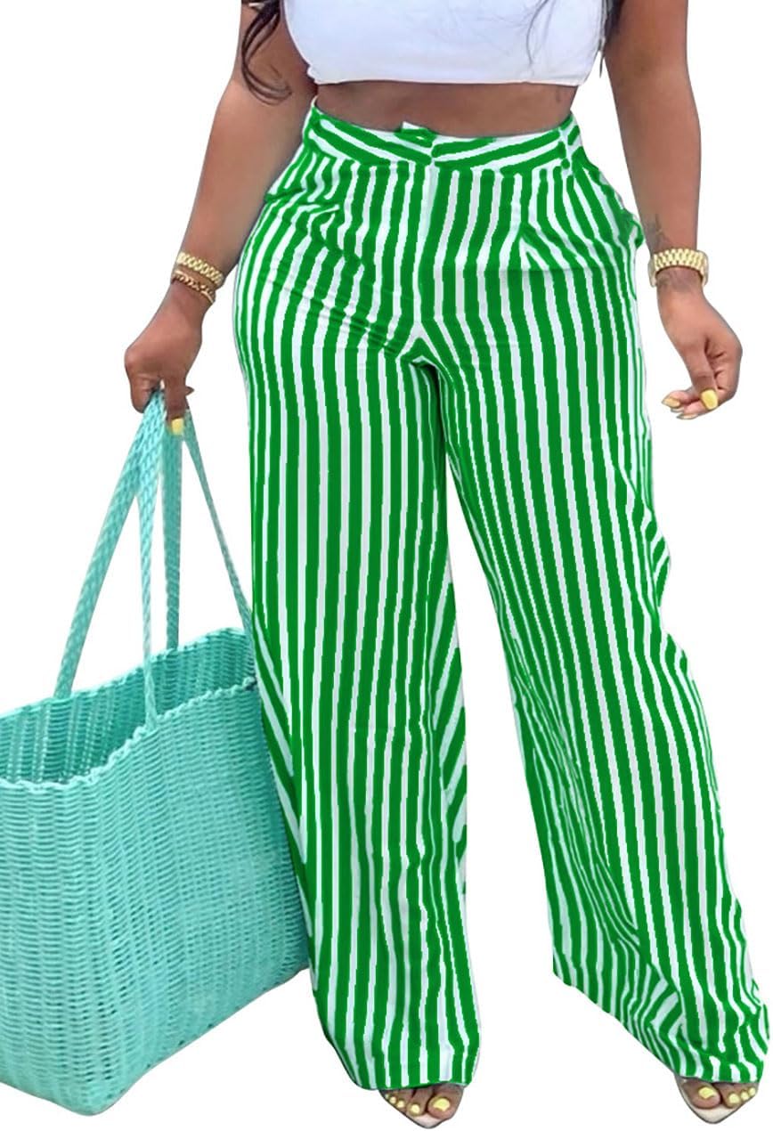 MESLIMA Women's Casual High Waist Trousers Fashion Striped Print Summer Loose Wide Leg Pants with Pockets