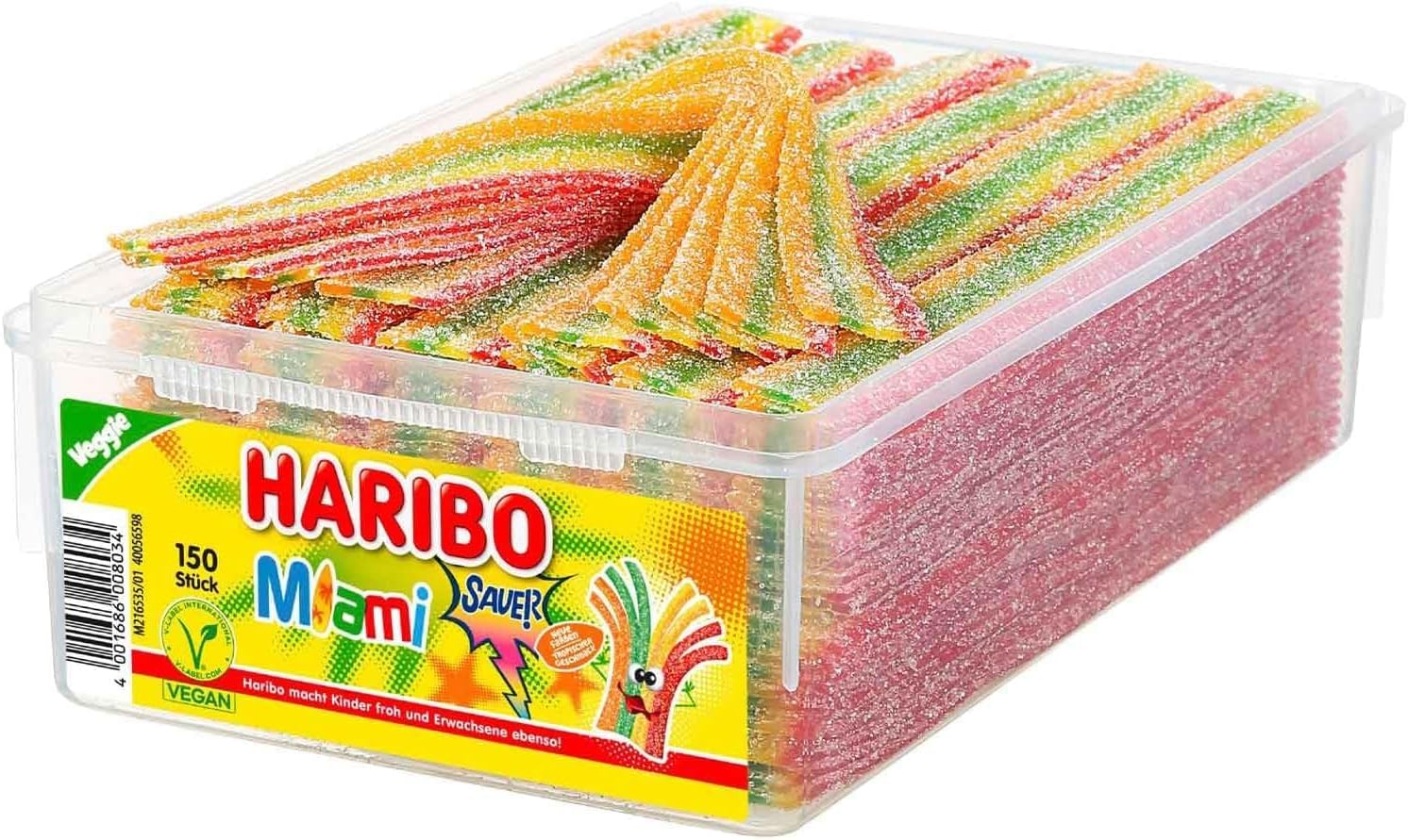 Haribo Miami Sauer I 150 Mixed-Fruit flavored Sour Gummy Candy Strips I 1125g 39.6 ounce