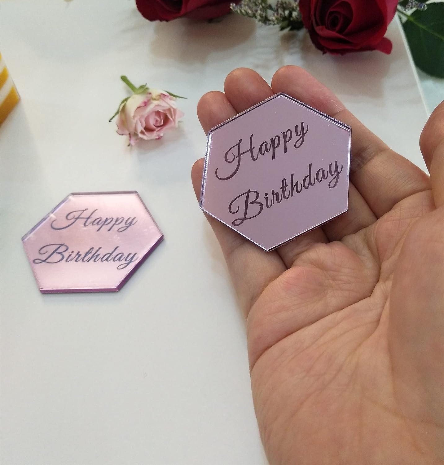 Set of 12pcs Hexagon Cake Topper Disc, Happy Birthday Mirror Acrylic Cake Discs, Topper Decor for Cupcake,Mini Acrylic Cake Toppers (Pink Mirror)