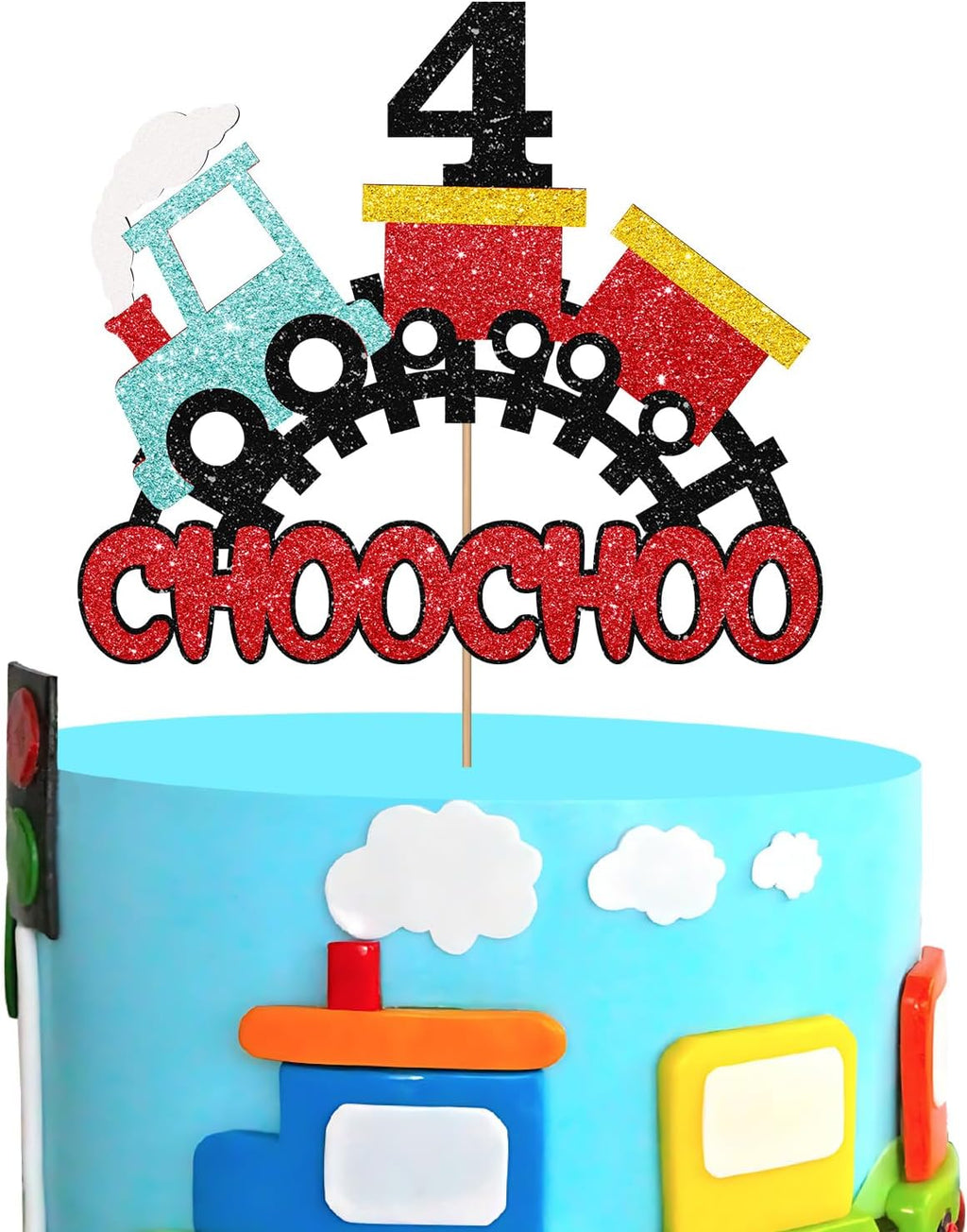 Train 4th Birthday Cake Topper, Choo Choo I'm 4 Cake Topper for Boy, Transportation 4 Years Old Birthday Cake Decor, Train Themed 4th Birthday Party Decoration - Red Glitter