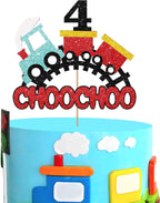 Train 4th Birthday Cake Topper, Choo Choo I'm 4 Cake Topper for Boy, Transportation 4 Years Old Birthday Cake Decor, Train Themed 4th Birthday Party Decoration - Red Glitter