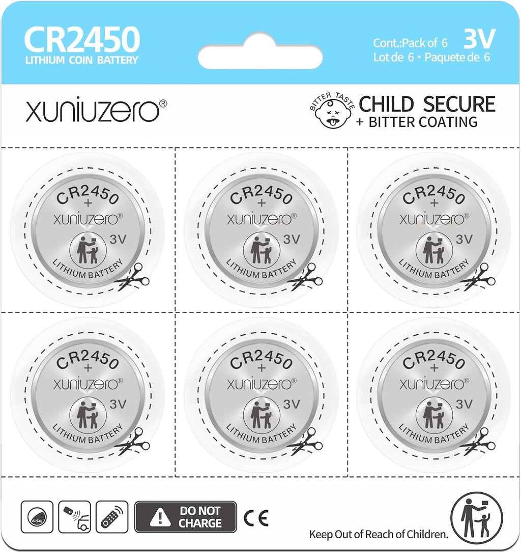 6-Pack CR2450 Lithium Coin Cell Battery, 3 Volt, Long Lasting Power, Mercury-Free, Child-Safe Package