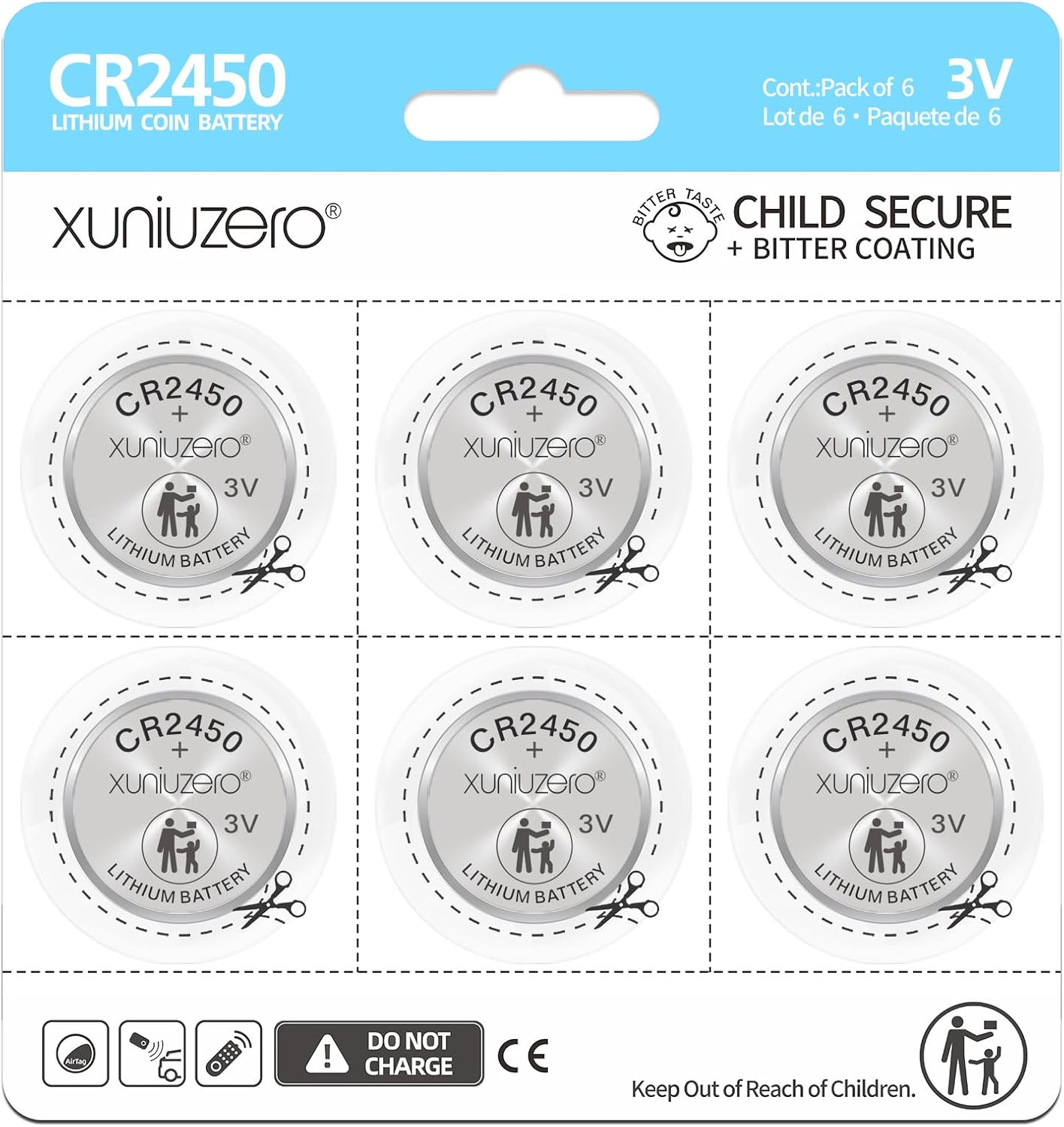 6-Pack CR2450 Lithium Coin Cell Battery, 3 Volt, Long Lasting Power, Mercury-Free, Child-Safe Package