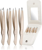 Tweezers Set for Women Facial Hair: Stocking Stuffers 4Pcs Stainless Steel Eyebrow Tweezer Set with Travel Mirror Case, Suitable for Everyday Use in Car, Purse