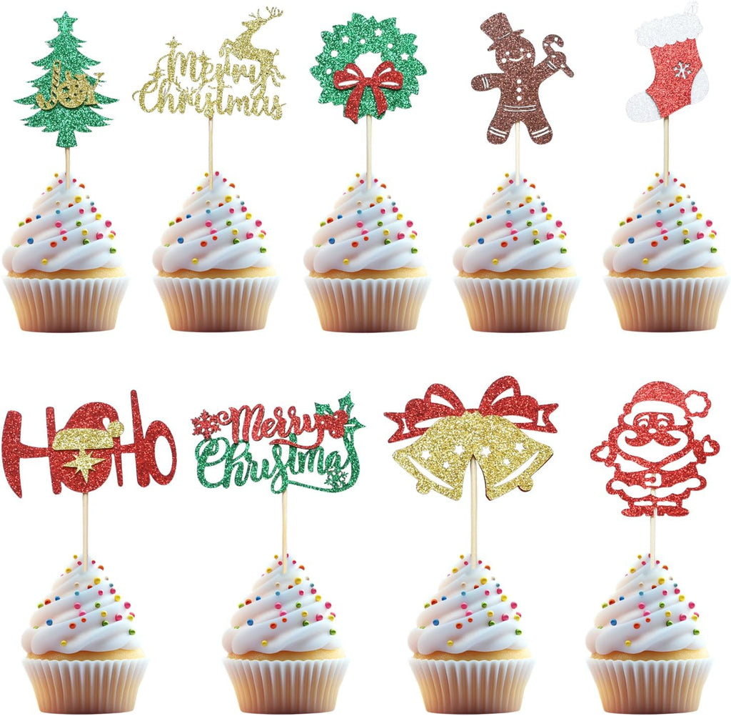24 Pcs Christmas Cupcake Toppers, 8 Designs Holiday Cake Decor Picks with Santa Snowman Reindeer Tree for Party Dessert Baking Decorations