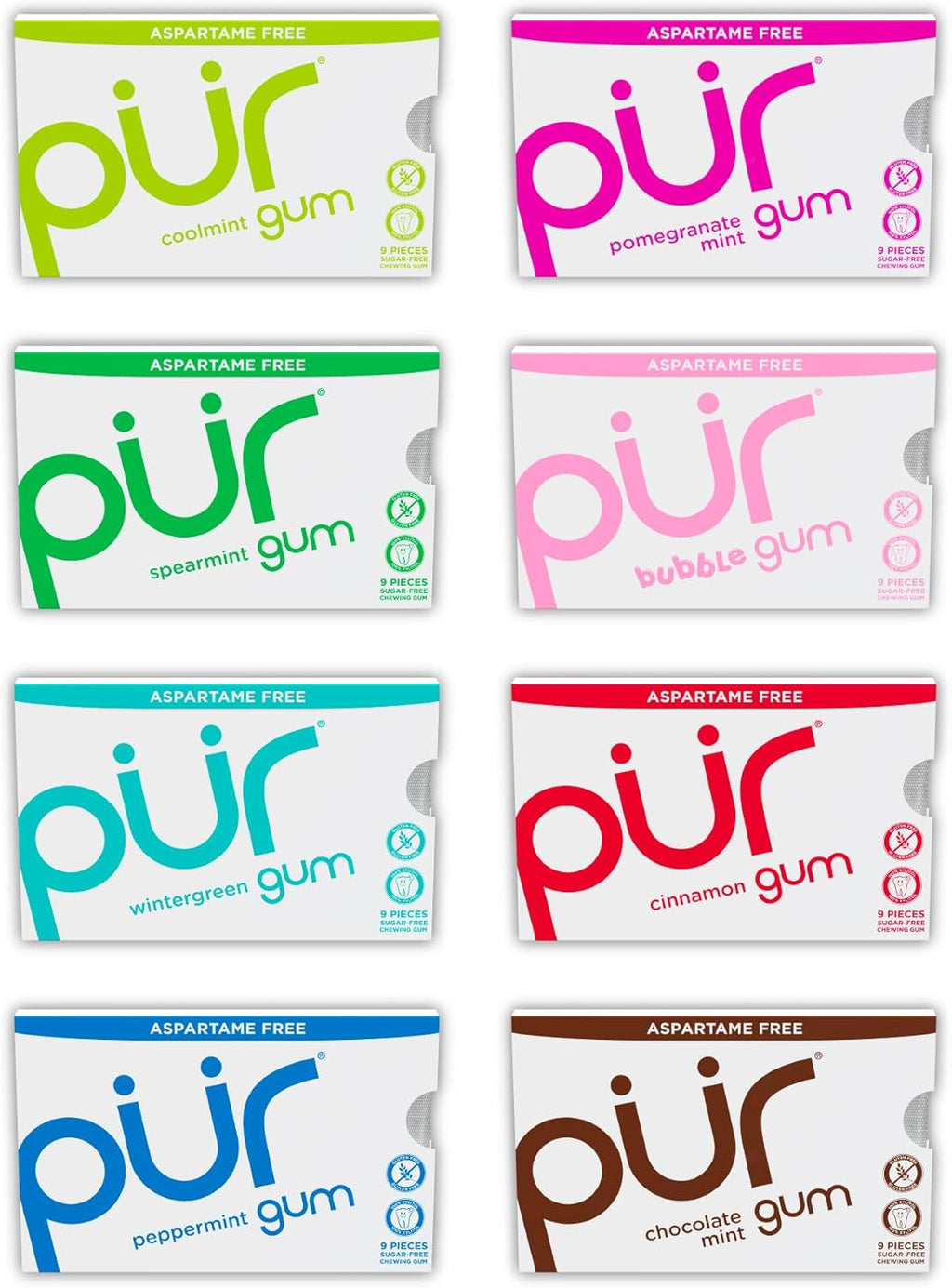 PUR Gum | Aspartame Free Chewing Gum | 100% Xylitol | Natural Flavored Gum, Variety Pack, 9 Pieces (Pack of 8)