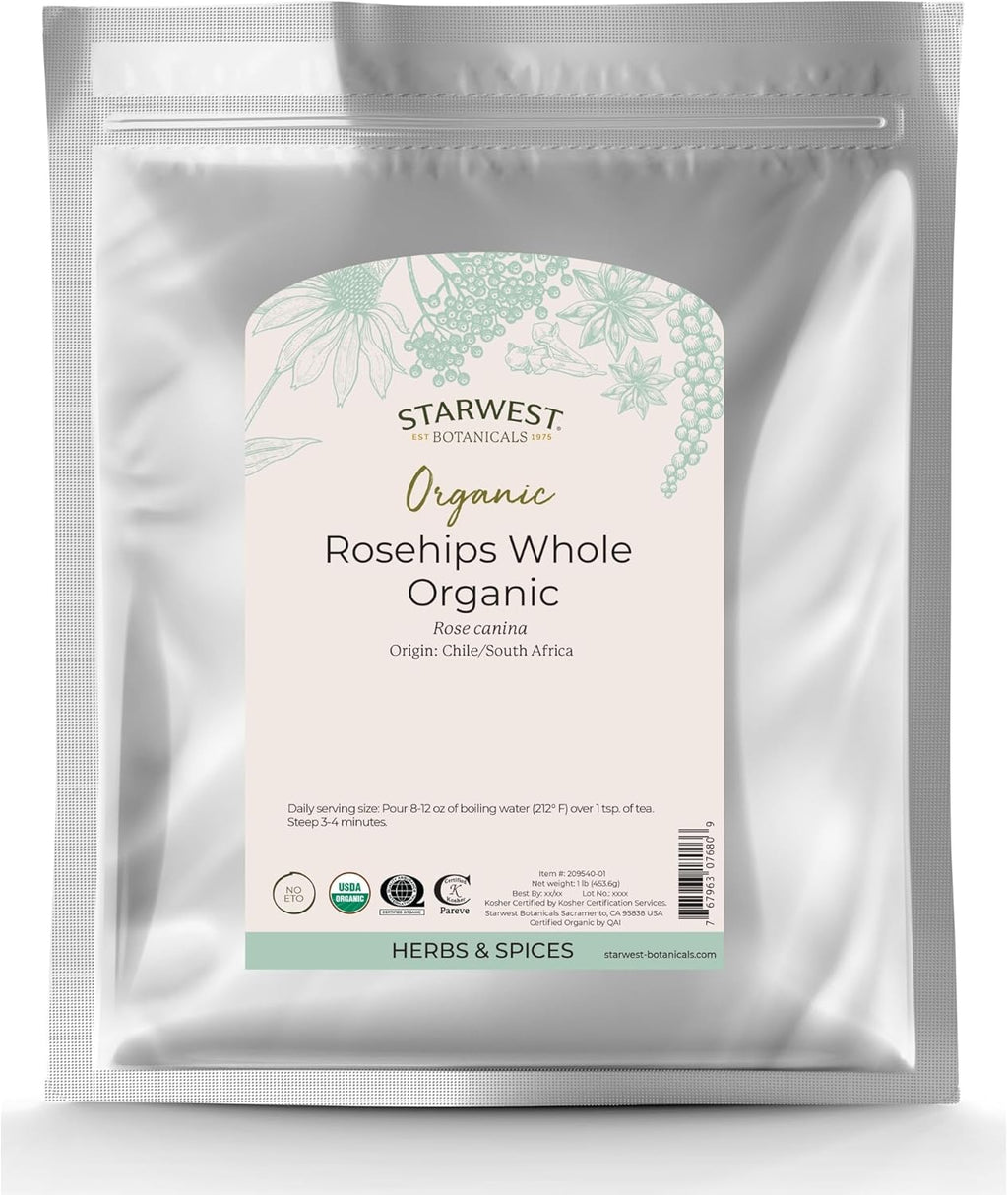Starwest Botanicals Rosehips Whole Organic - Dried Herb for Tea & Baking, Seedless, Cut & Sifted, Certified Kosher, Non-GMO - Bulk 1 lb Bag