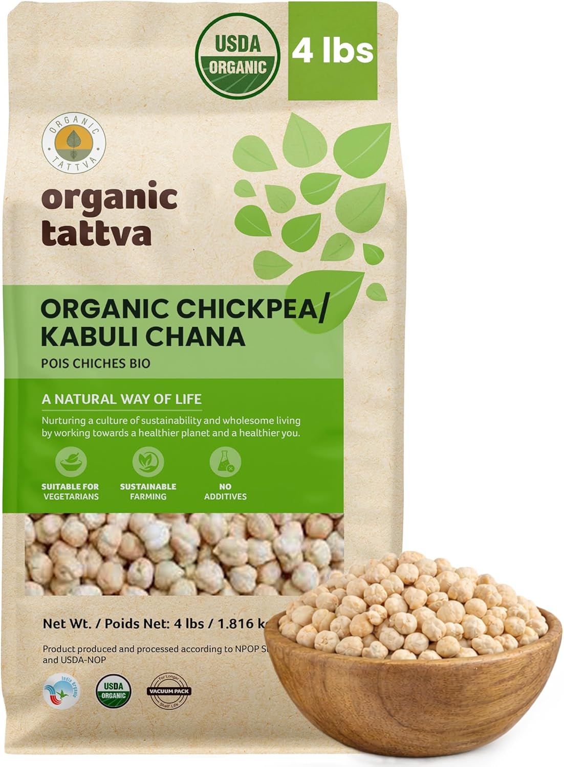 Organic Tattva Kabuli Chana Whole (4 lbs) - Indian Garbanzo Beans - Organic Chickpeas - Unpolished Chick Peas - Rich in Protein - Kosher - Gluten Free - USDA Certified