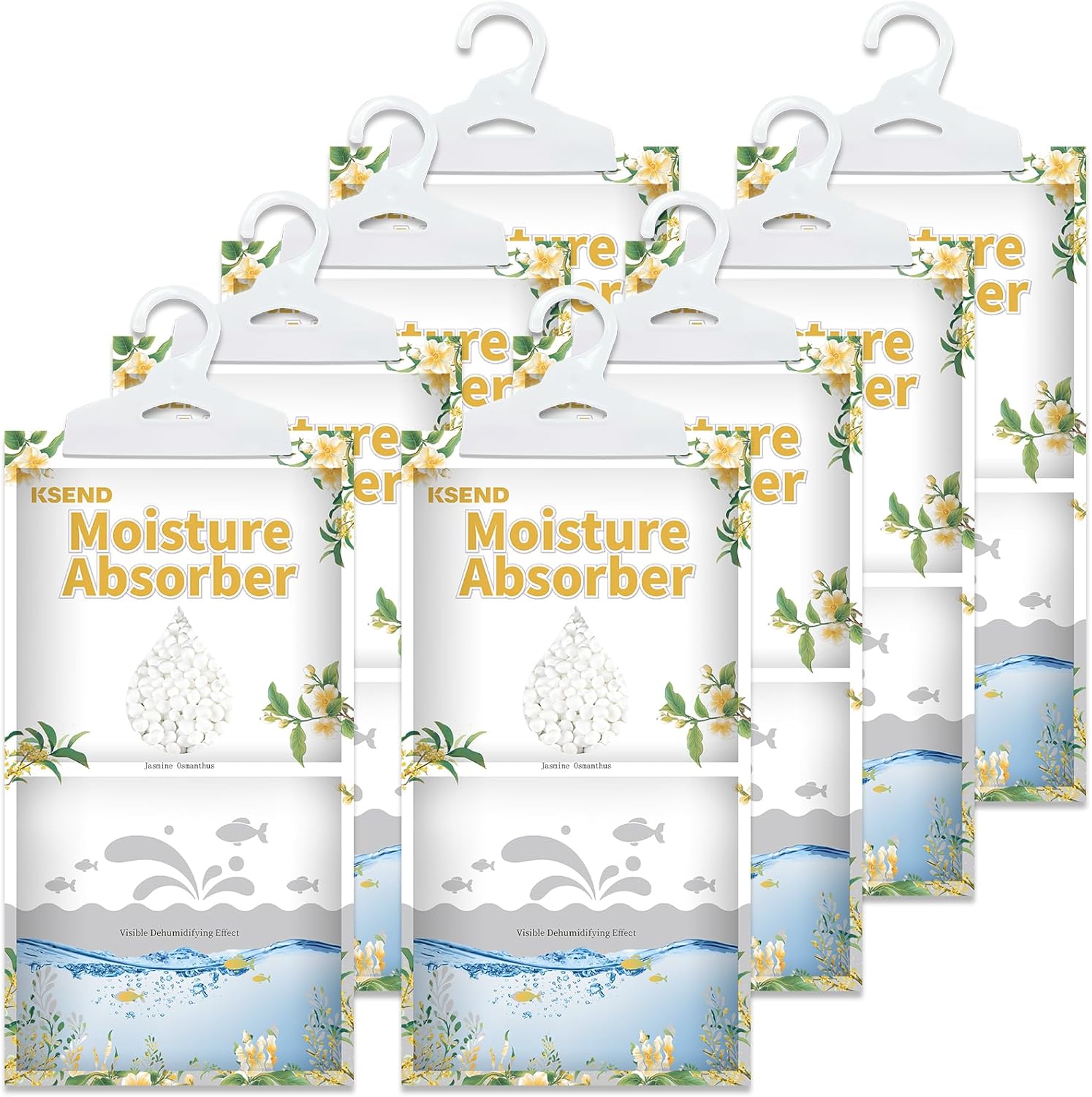 Ksend Moisture Absorbers 8 Packs - 9.8 oz Dehumidifier Bags, Portable Moisture Hanging Bags for Closet, Bathroom and Kitchen, Jasmine Osmanthus Scent, 11.8" x 6.3"