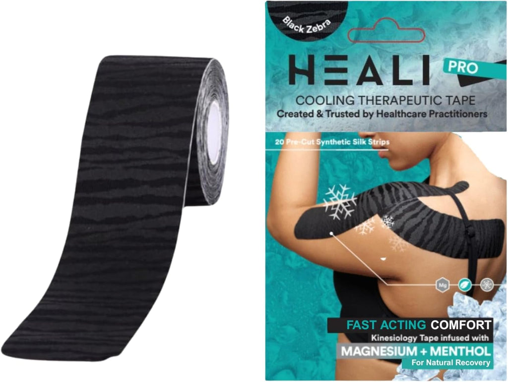 Heali Kinesiology Tape with Magnesium and Menthol, 20 Pcs Precut Strips, K Tape Roll, Knees, Physical Therapy Sports Tape for Knees, Joints & Muscles, Water Resistant, Black Zebra