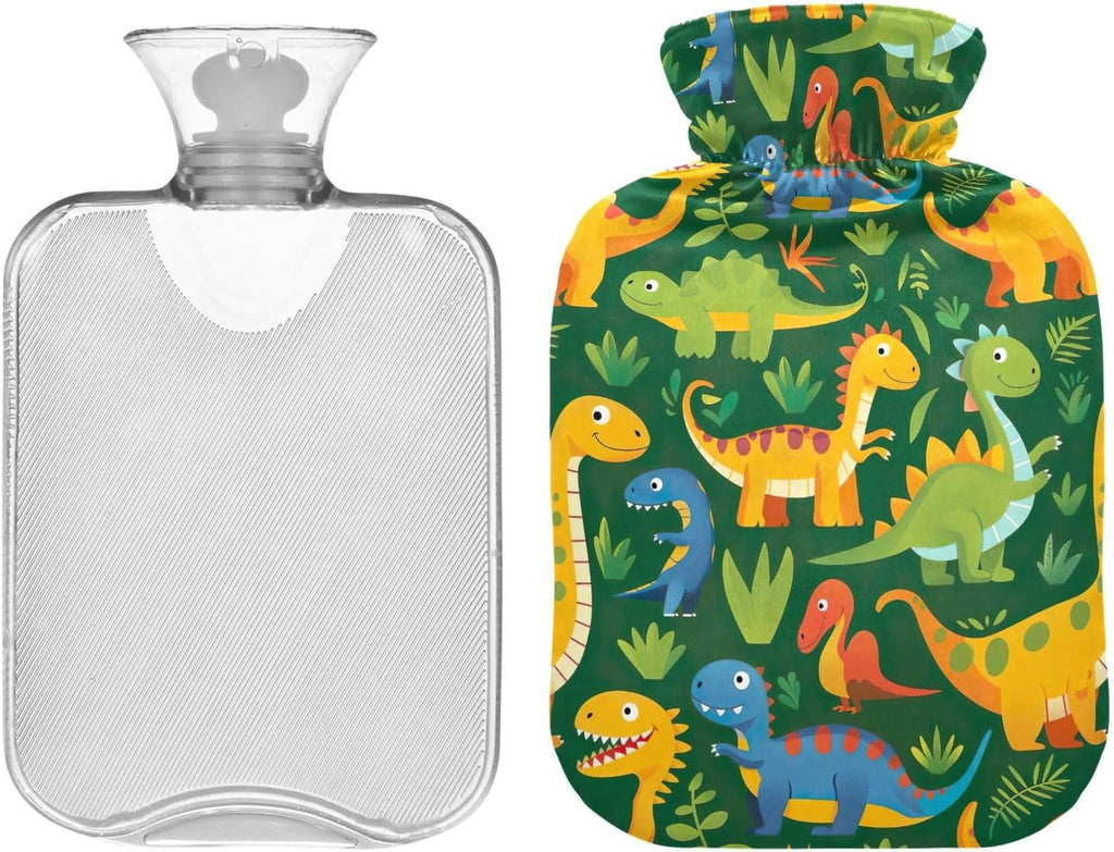 Hot Water Bottle with Cover Colorful Cartoon Dinosaurs Cute Hot Water Bags Hot Water Pouch for Pain Relief Hand Feet Bed Warmer 2 Liter