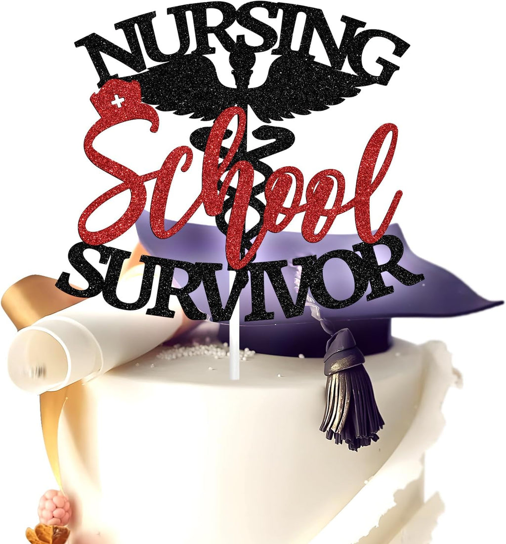 Nursing School Survivor Cake Topper, Congrats RN/BSN/NP/LPN, Nurse Grad Graduation Party Decorations Supplies, Black and Red Glitter