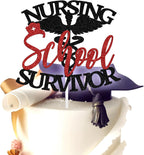 Nursing School Survivor Cake Topper, Congrats RN/BSN/NP/LPN, Nurse Grad Graduation Party Decorations Supplies, Black and Red Glitter