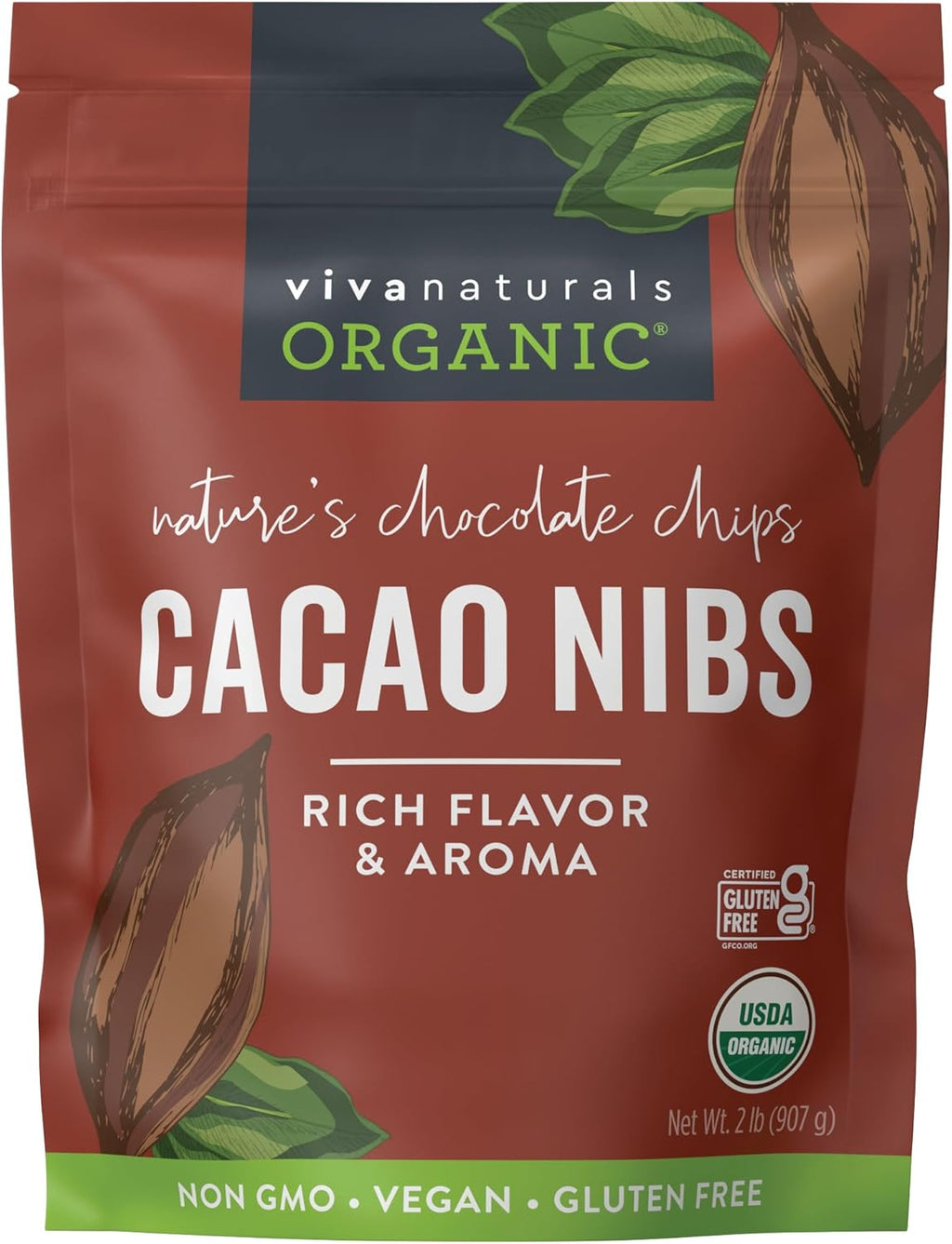 Viva Naturals Organic Cacao Nibs, Unsweetened, 2 LB (907 g), Keto Friendly, Vegan, Non-GMO, Gluten-Free Chocolate Chip Substitute