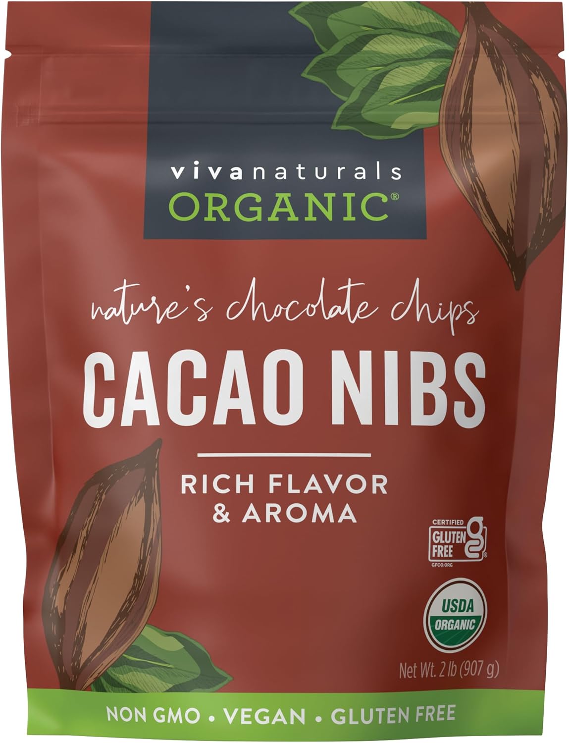 Viva Naturals Organic Cacao Nibs, Unsweetened, 2 LB (907 g), Keto Friendly, Vegan, Non-GMO, Gluten-Free Chocolate Chip Substitute