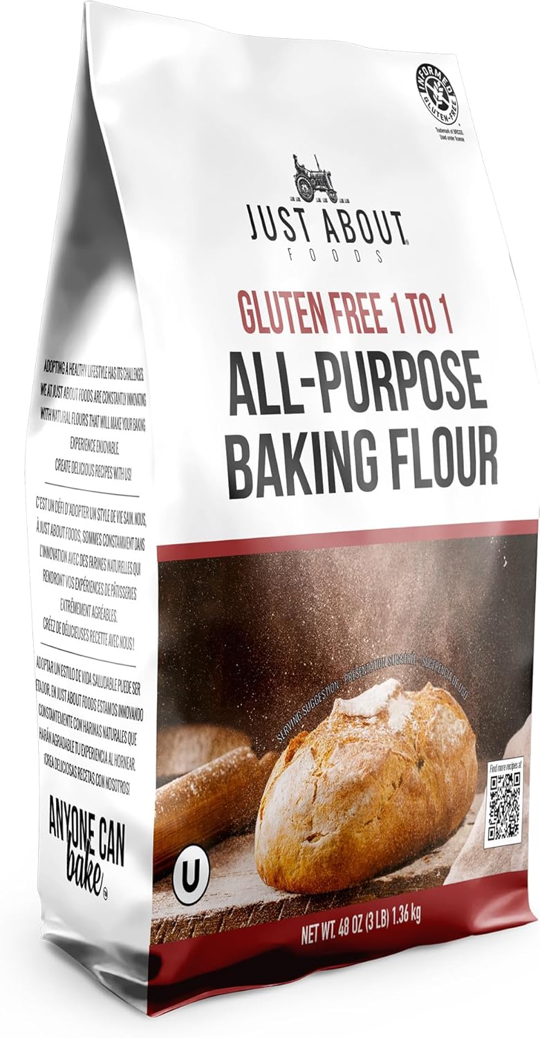 Just About Foods All Purpose Flour Gluten-Free, New Improved Formula, All-Purpose 1:1 Substitute for Wheat Flour, Kosher Certified, 3 lbs Bag for Baking Cookies, Cakes, Muffins and More