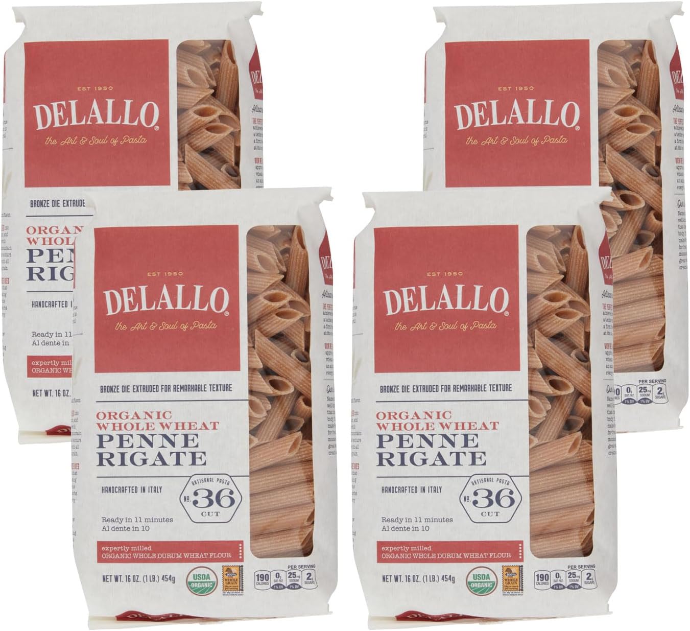 DeLallo Whole Wheat Penne Pasta, 1 Pound Bag, (4 Pack), 100% Certified Organic, Made in Italy, Whole Grain, Bronze Cut, Made with Only Durum Wheat Semolina Flour, Kosher, Vegan