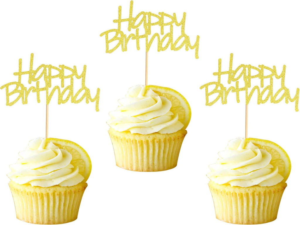 24pcs Happy Birthday Cupcake Toppers Pre-Assembled Gold Glitter Cake Food Fruit Picks for Celebrating Birthday Party Decoration Supplies