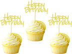 24pcs Happy Birthday Cupcake Toppers Pre-Assembled Gold Glitter Cake Food Fruit Picks for Celebrating Birthday Party Decoration Supplies