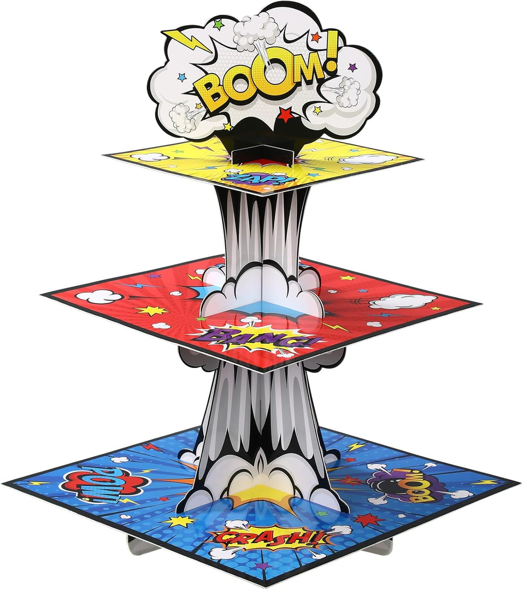 Zopeal 3 Tiers Hero Cupcake Stand Decoration Hero Theme Birthday Decoration Cupcake Tower Action Dessert Holder Table Display for Comic Book Birthday Party Decor Supplies