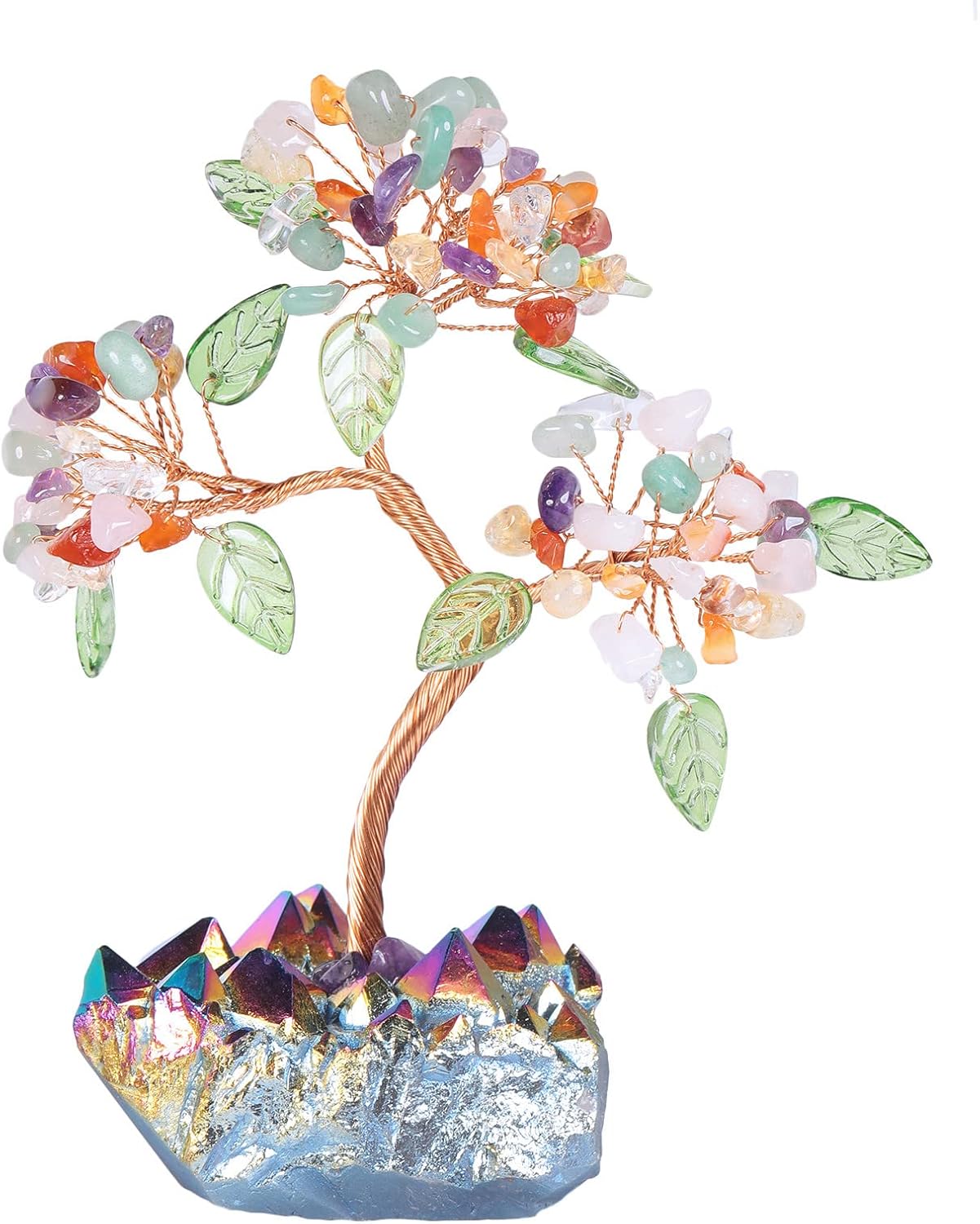 mookaitedecor Healing Crystal Colorful Money Tree with Rainbow Titanium Quartz Cluster Base Feng Shui Tree Home Office Table Decoration for Wealth and Luck