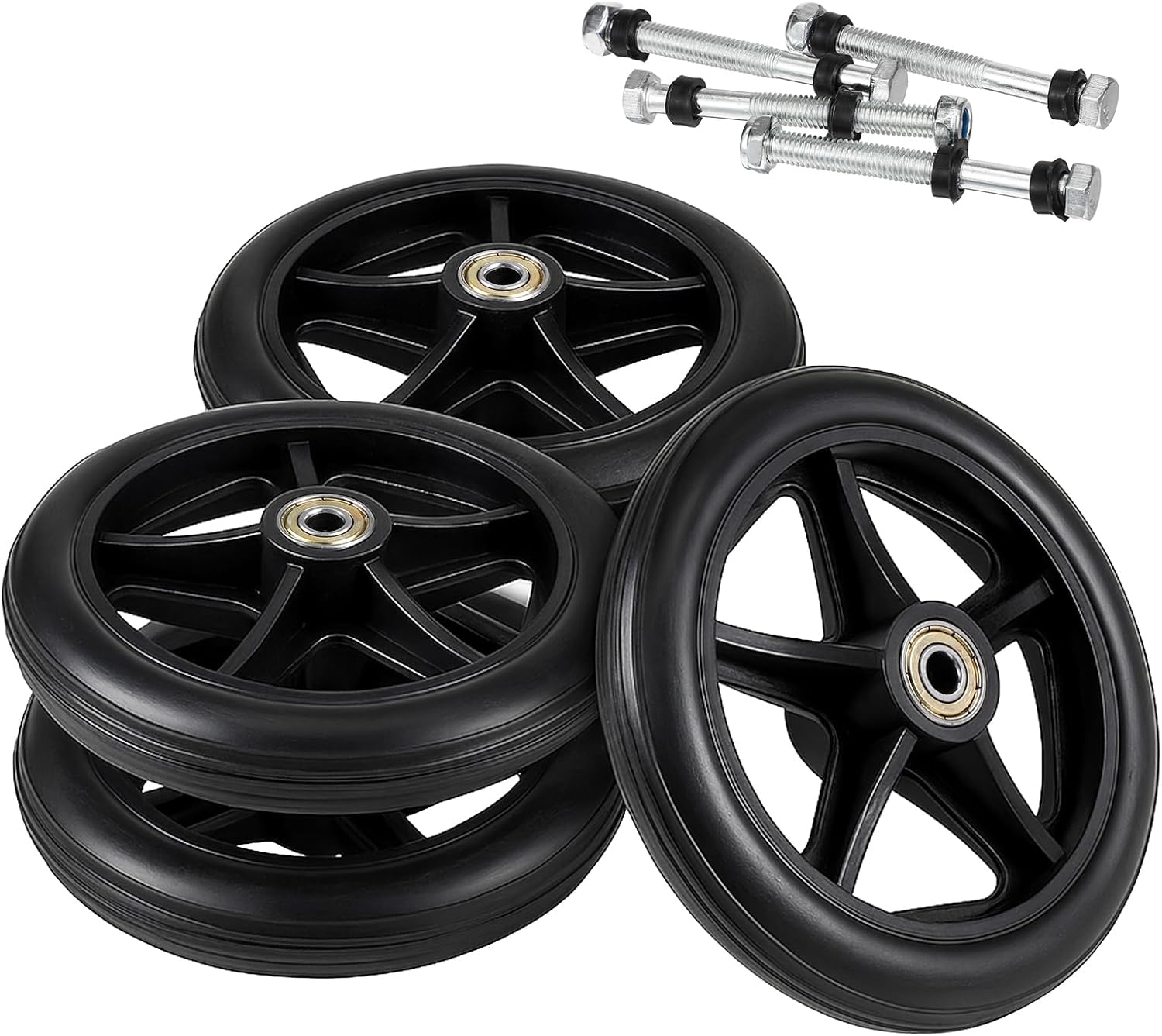 4 Pack Replacement Wheelchair Wheels 6 Inch Universal Anti-Slip Wheelchair Front Wheels Solid Wheelchairs Front Wheel With 4 Axles for Wheelchairs, Rollators, Walkers, Black