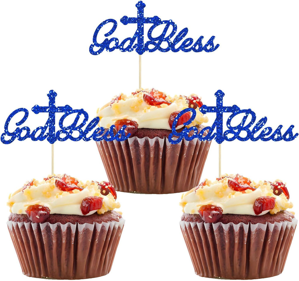 24Pcs Blue Glitter God Bless Cupcake Toppers Cross Babyshower First Communion Christian Baptism Theme Baby Shower Party Cake Decorations Supplies