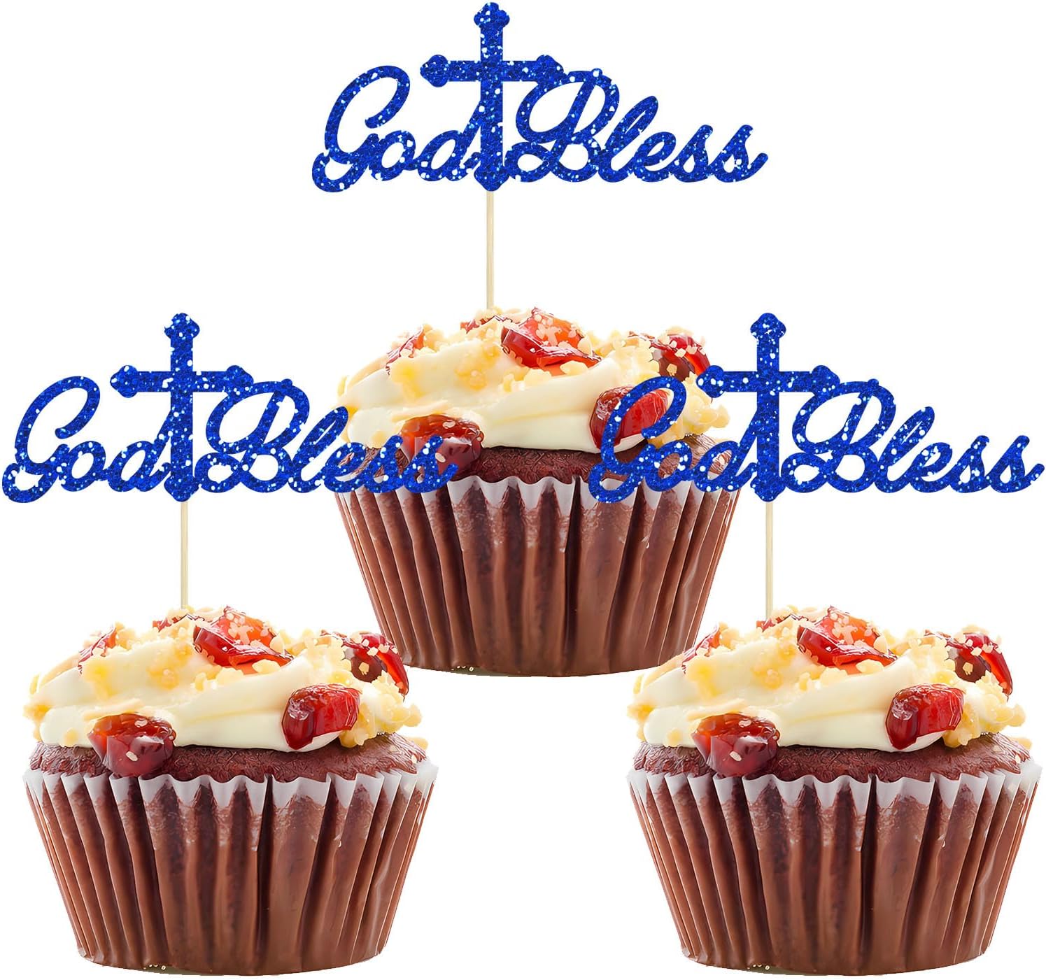 24Pcs Blue Glitter God Bless Cupcake Toppers Cross Babyshower First Communion Christian Baptism Theme Baby Shower Party Cake Decorations Supplies